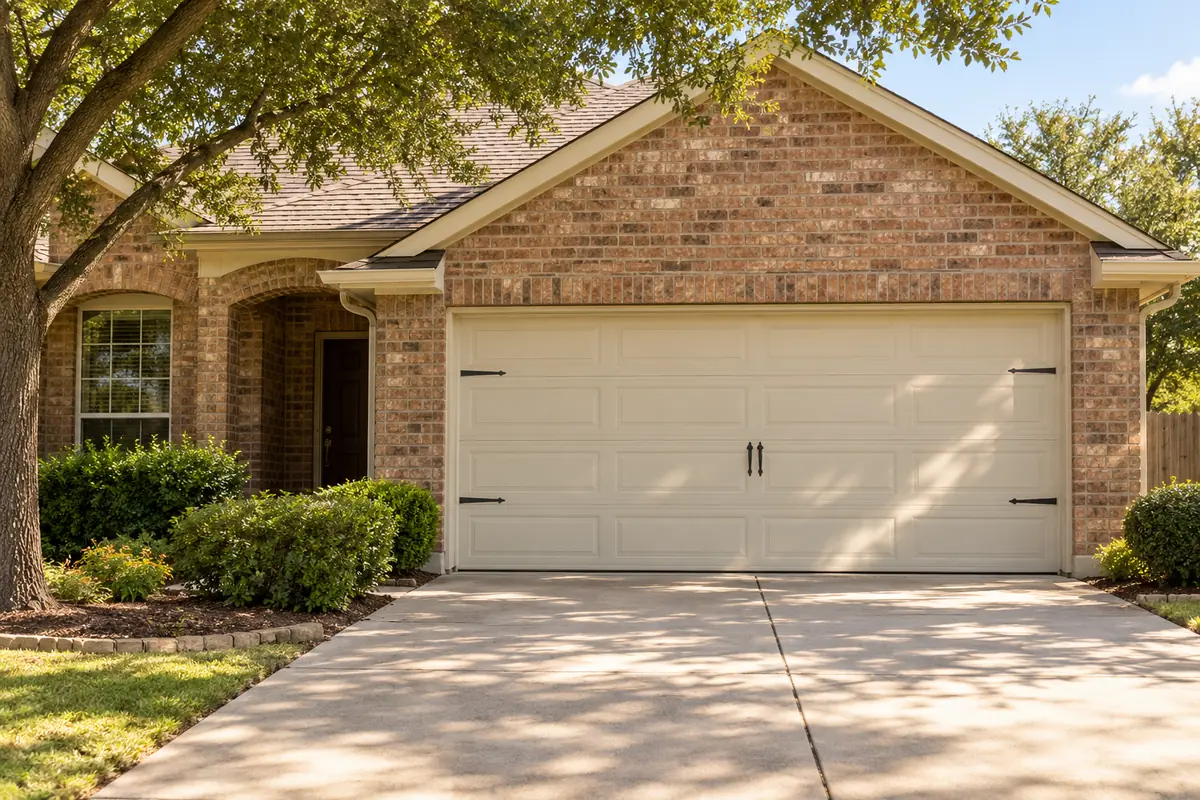 Representative attached sectional garage beside a brick home and driveway