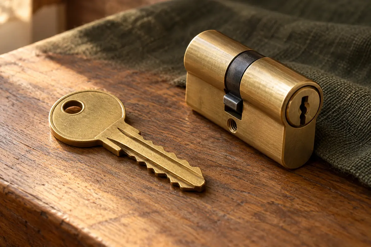 Representative brass house key and lock cylinder on warm wood