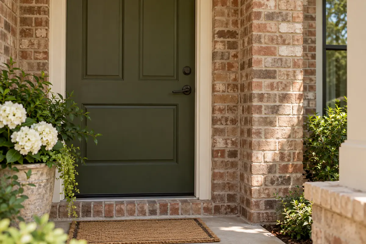 Representative brick porch with a front door, deadbolt and lever handle